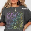 Women’s Neon Halloween Doodles Tshirt – Unisex Relaxed-Loose Fit, Everyday Comfort Cotton, Athletic Boho Style Top, Printed in the USA