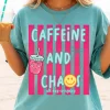 Women’s Caffeine and Chaos Printed Round Neck Short-Sleeve Casual Comfort Colors Graphic Tee – Coffee Lover Top