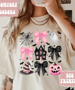 Women’s Comfort Colors Halloween Pumpkin Pink Bows & Ghost Short-Sleeve T-Shirt – Soft Relaxed Fit 100% Ring-Spun Cotton Top, Breathable Fabric, Casual Streetwear