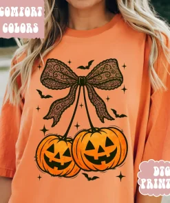 Halloween Pumpkin Cherries Bow Shirt ~ Unisex Apparel Relaxed Fit Printed In The USA Clothing Womenswear Casual Comfort Cotton Top Athletic Boho Chi Bats and Pumpkins Bow T-Shirt