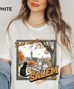 Women’s Halloween “Take Me to Salem” Basic T-Shirt – Unisex Relaxed Oversized Crewneck, Athletic Boho Chic, USA Digital Print, Comfort Cotton, All Seasons Top (2XL, 3XL) for Men, Teens