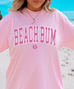 Beach Bum Varsity T-shirt, Casual Oversized Cotton Shirt for the Beach Comfort Fabric Top Womenswear Underwear Lady