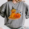 Women’s Golden Retriever Halloween Witchy Print Sweatshirt, Unisex Relaxed-Fit Round Neck Everyday Comfort Cotton Top, US-Printed Boho Chic Style Athletic Casual Apparel