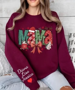 Personalized Mama Christmas Sweatshirt with Kids’ Names on Sleeve, Coquette Bow Christmas Mama Crewneck, Mama Claus Sweater, Holiday Gift for Mom