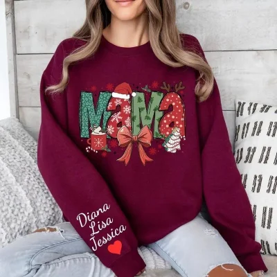 Personalized Mama Christmas Sweatshirt with Kids’ Names on Sleeve, Coquette Bow Christmas Mama Crewneck, Mama Claus Sweater, Holiday Gift for Mom