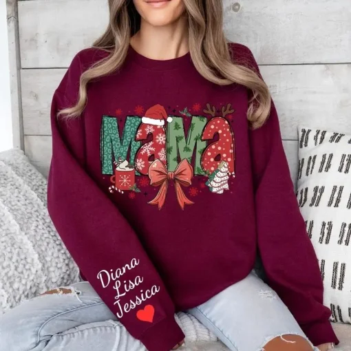 Personalized Mama Christmas Sweatshirt with Kids’ Names on Sleeve, Coquette Bow Christmas Mama Crewneck, Mama Claus Sweater, Holiday Gift for Mom
