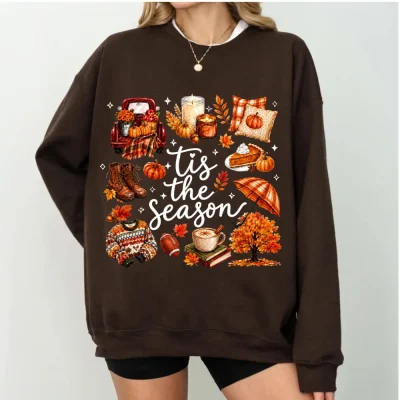 Cozy Fall Sweatshirt, Tis The Season Pumpkin Crewneck, Autumn Doodle Graphic Sweatshirt, Cute Harvest Fall Gift