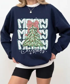 Coquette Floral Merry Christmas Sweatshirt, Preppy Christmas Bow , Checkered Red Plaid , Christmas Tree , Faux Glitter, Coquette Bow