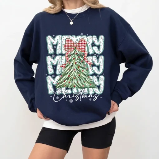 Coquette Floral Merry Christmas Sweatshirt, Preppy Christmas Bow , Checkered Red Plaid , Christmas Tree , Faux Glitter, Coquette Bow