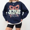 Coquette Floral Christmas Jesus Sweatshirt, Preppy Christmas Bow Sweatshirt, Checkered Red Plaid Sweatshirt, Jesus Is The Reason, Faux Glitter,Nativity Scene