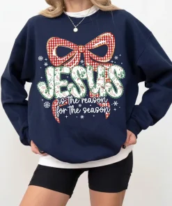 Coquette Floral Christmas Jesus Sweatshirt, Preppy Christmas Bow Sweatshirt, Checkered Red Plaid Sweatshirt, Jesus Is The Reason, Faux Glitter,Nativity Scene