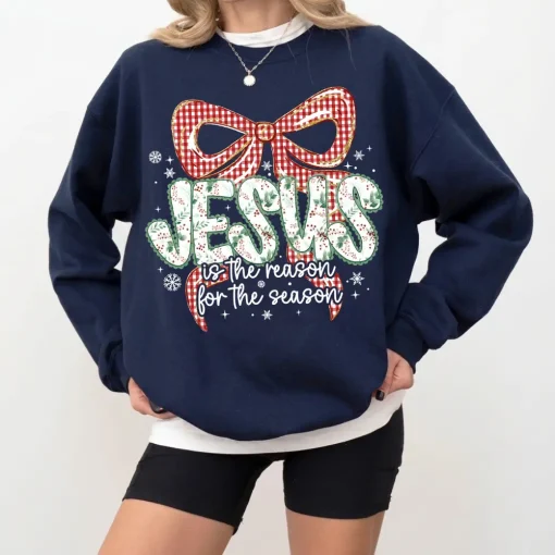 Coquette Floral Christmas Jesus Sweatshirt, Preppy Christmas Bow Sweatshirt, Checkered Red Plaid Sweatshirt, Jesus Is The Reason, Faux Glitter,Nativity Scene